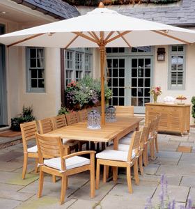 Teak Umbrella Set With Rectangular Extension Table, Stacking Chair And Outdoor Buffet