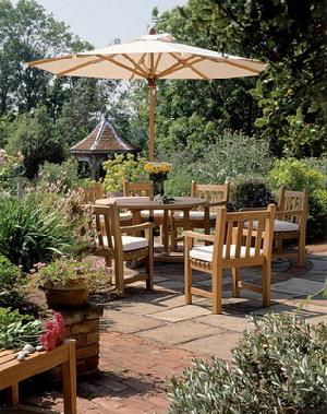 Garden Arm Chair, Round Table 120 X120 Cm, Umbrella Teak Outdoor Furniture