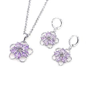 Sell Rhodium Plated Brass Cubic Zirconia Jewelry Set, Different Semi-precious Stone Are Available