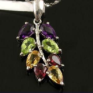 Sell Sterling Silver Natural Amethyst, Olivine And Garnet Pendant, Rainbow Stone Ring