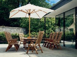 Outdoor Restaurant Set Reclining Five Position Chair, Extension Table And Umbrella Teak Garden