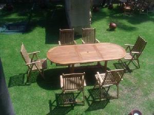 At Set-016 Straight Reclining Dorset Chair With Vertical Slats Oval Extension Table Teak Garden