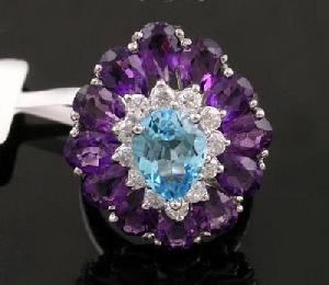 Sell Sterling Silver Natural Amethyst And Blue Topaz Ring, Pendant, Olivine Bracelet, Prehnite Earri