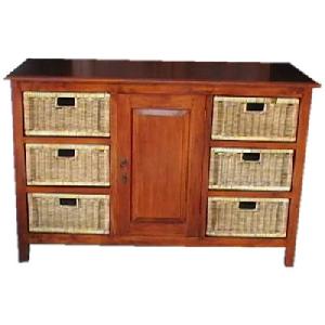 Cabinet Six Drawers One Door With Rattan And Mahogany Woven Wooden Indoor Furniture