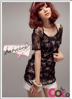 Black Rose Printed Two Pieces Lace Sun-top And Blouse