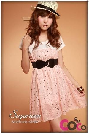 pink chiffon korean dot prom cute dress