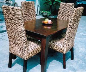 Flat Waterhyacinth Dining Set Gliss Brown Mahogany Table, Woven Chairs Cirebon Java Indonesia