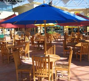 blue fabric round umbrella teak teka wooden outdoor garden furniture