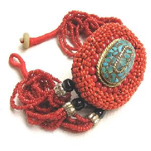 Huge Tibetan Jewelry Turquoise Red Coral Amulet Bracelet Oval Shaped