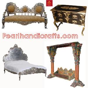 Living Room, Dining Room Traditional Furniture Made Of Silver Or Metal Mounted Wood, Painted Wooden