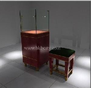 Cherry Wood And Tempered Glass Tower Display Showcase For Jewelry And Store Chair