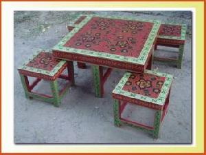 Hand Painted Coffee Table With Stool Indian Painted Furniture