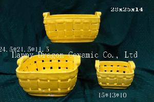 Yellow Glazed Porcelain Bread Basket With Handle