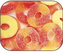 colored sour peach banana flavored gummy ring candy