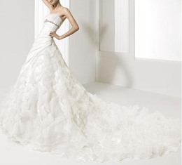 flounce embellished strapless princess train wedding dress