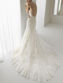 lace embellished line halter backless train wedding dress