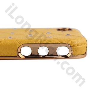 For Iphone 4 Orang Yellow Leather Face With Sequins Series Hard Plastic Case