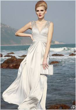 v neck shoulder rhinestone embellished pleat formal dress