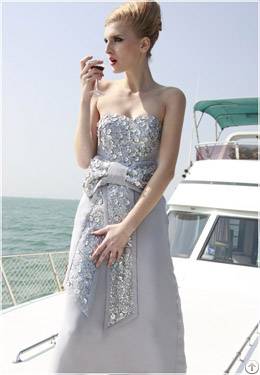 Wholesale Sequins Embellished Waist Bowknot Strapless Formal Dress